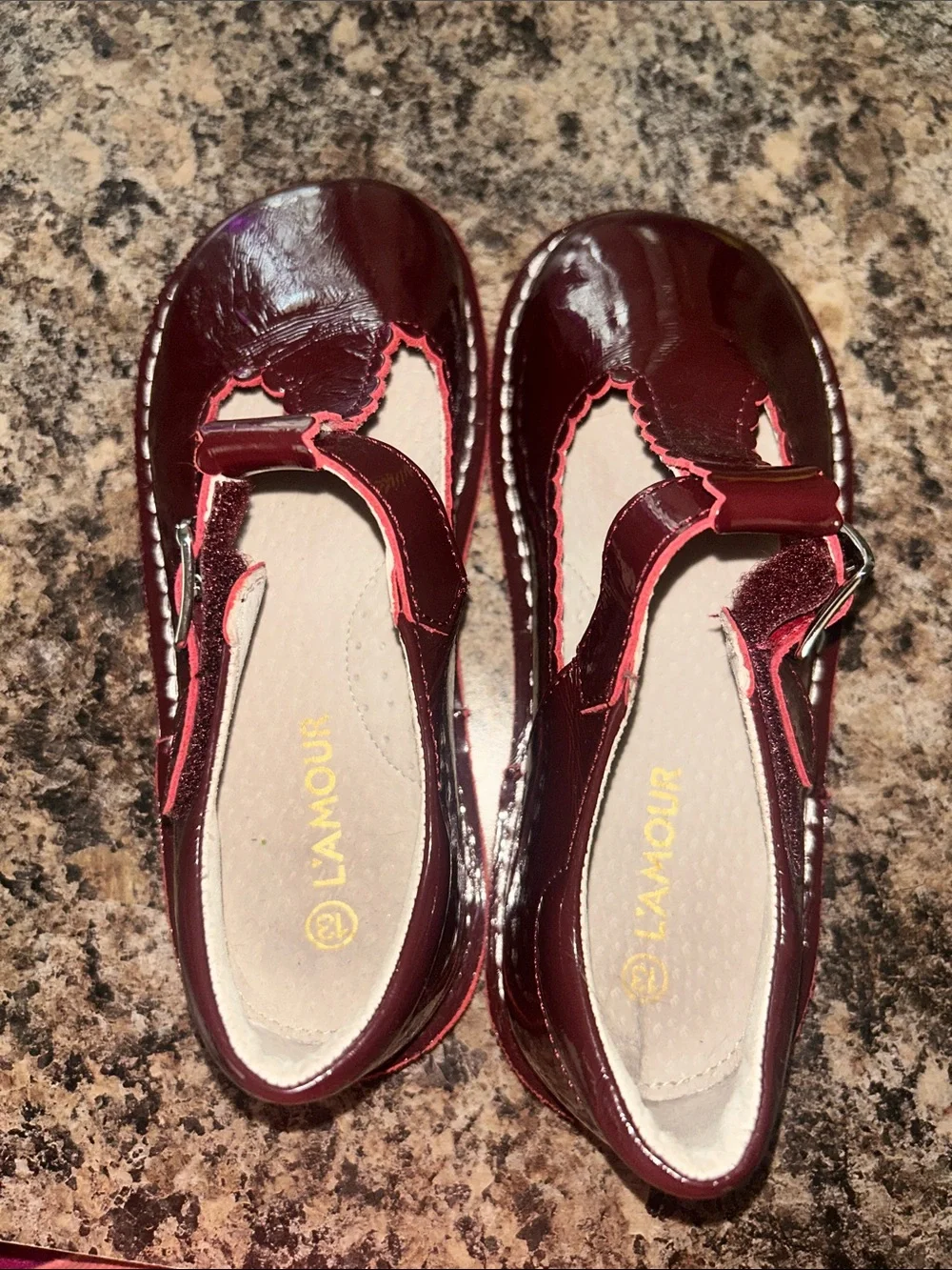 Girls' Burgundy Patent Mary Jane Dress Shoes with Pink Trim
